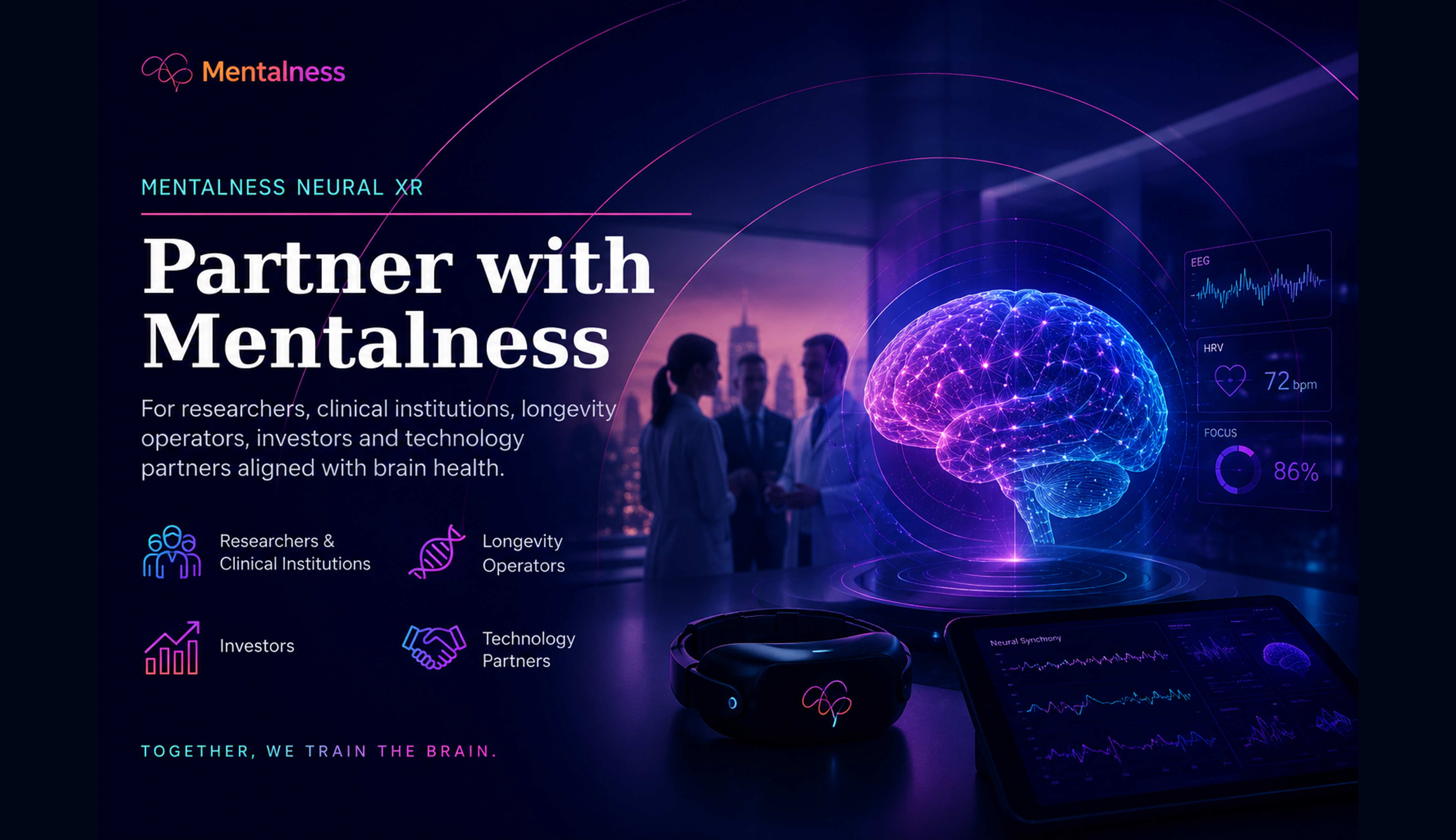 Mentalness partnership visual for researchers, clinical partners, investors and OEM SDK integrations